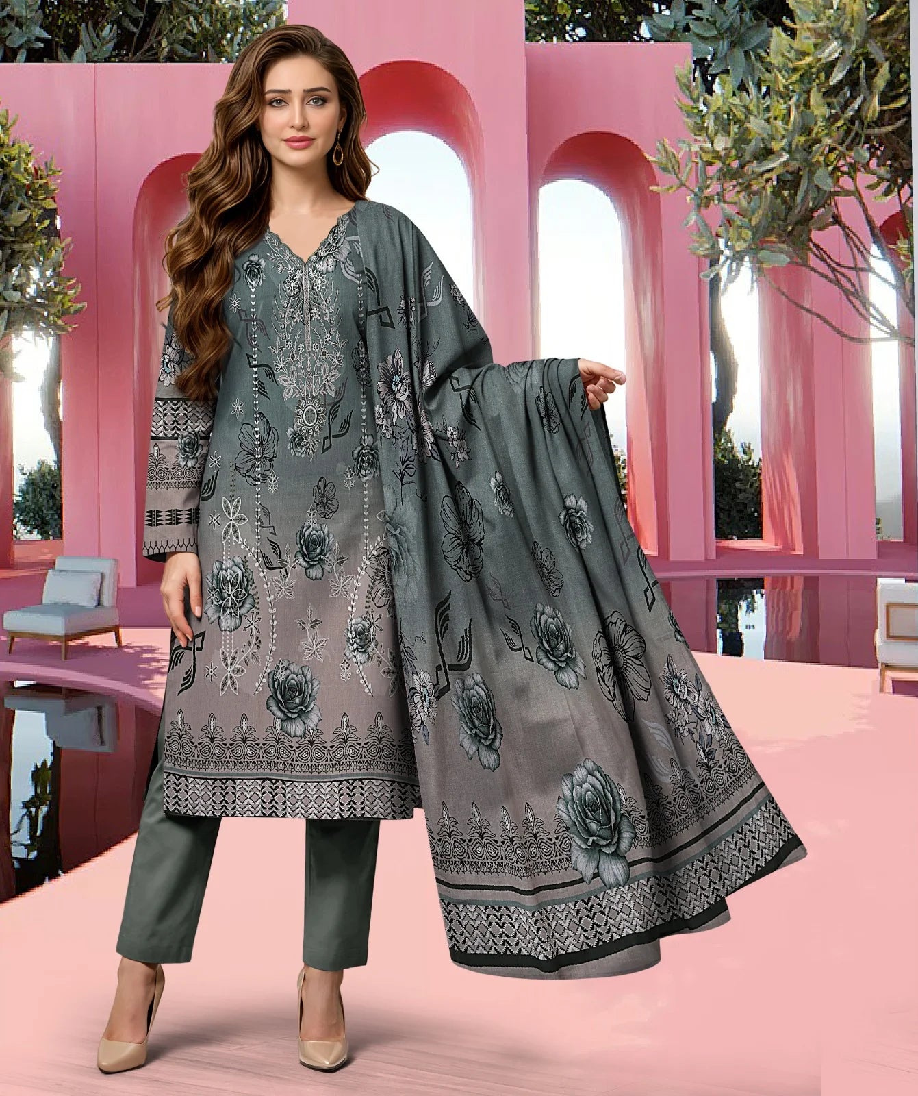 Gul Ahmed 3PC Digital Printed Embroidered