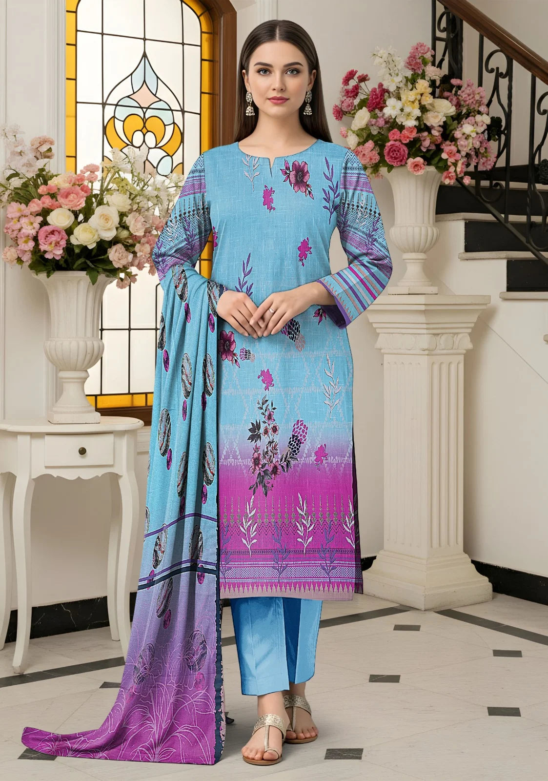 ZyraStores Cross Slub V-545 3PC Digital Printed 08