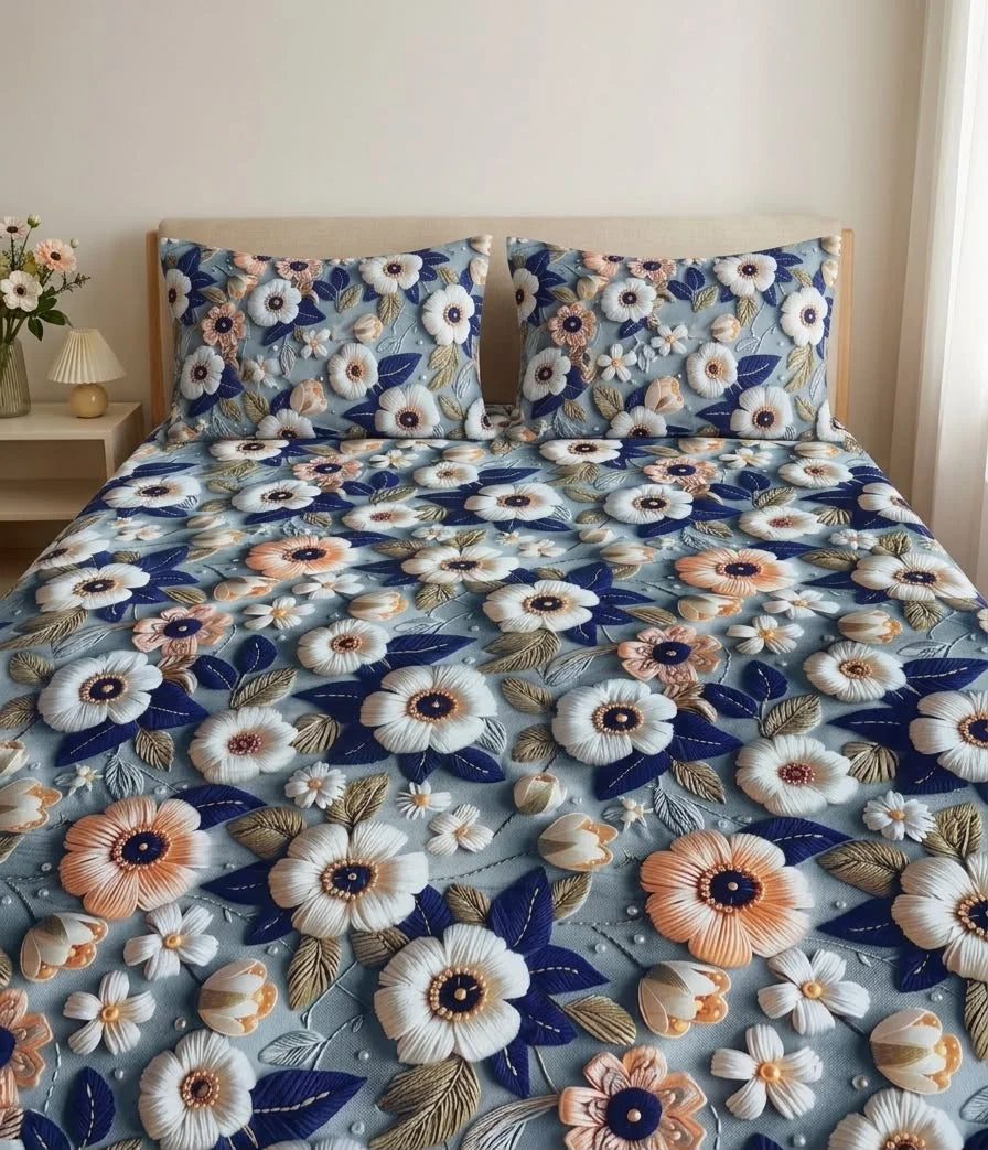BEDIOR 3D Digital Printed King Size Crystal Cotton Bed Sheet Set (3 Pcs)