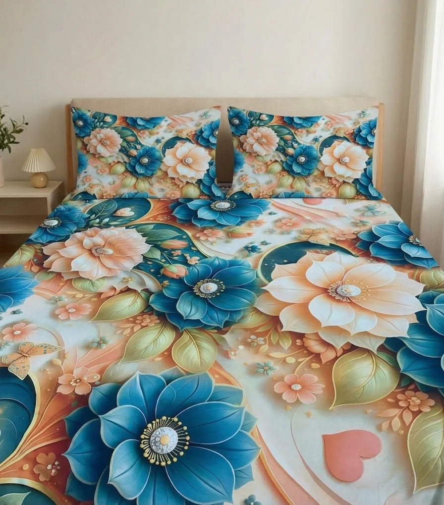 BEDIOR 3D Digital Printed King Size Crystal Cotton Bed Sheet Set (3 Pcs)