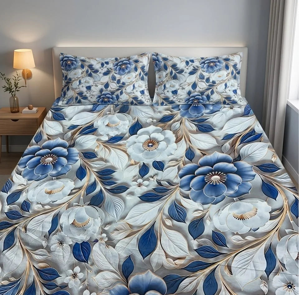 BEDIOR 3D Digital Printed King Size Crystal Cotton Bed Sheet Set (3 Pcs)
