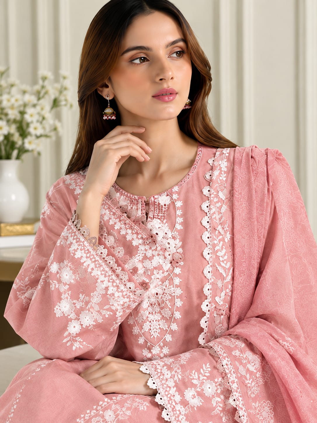 Dhanak-3PC Embroidered Shirt with Digital Printed Shawl - 1074