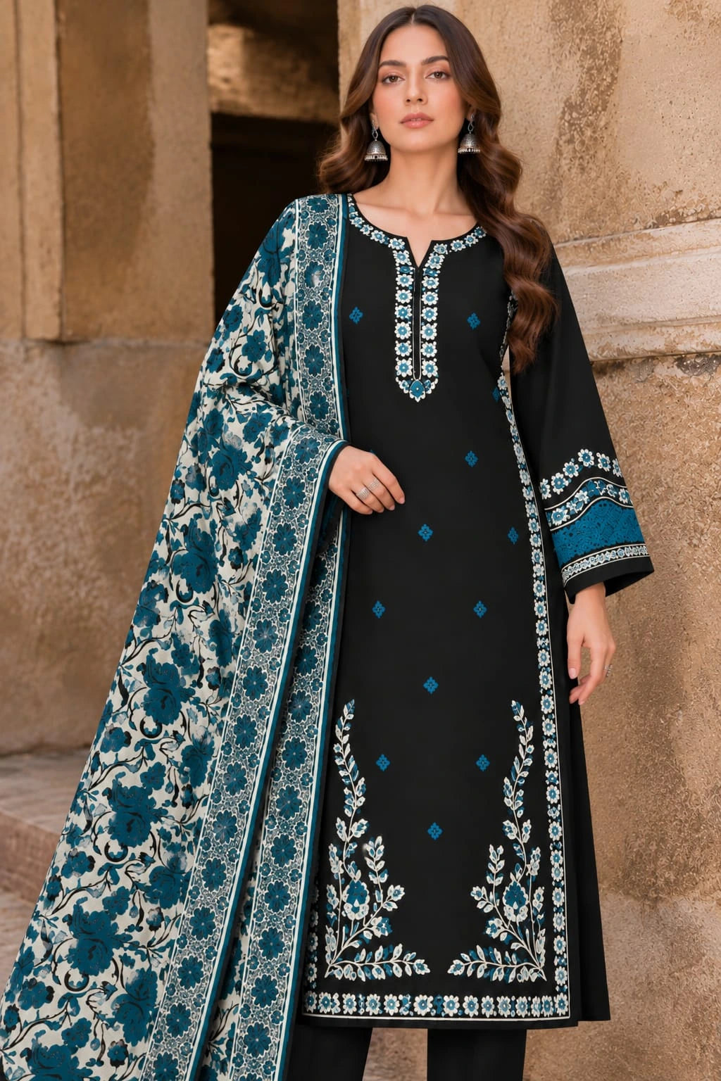 IZEL - Dhanak-3PC Embroidered Shirt with Digital Printed Shawl - 1265