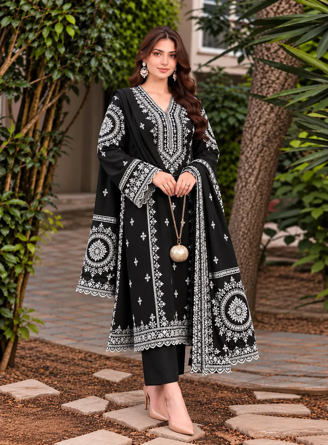 ANEELAS -3PC Embroidered Shirt with Digital Printed Shawl - 1003