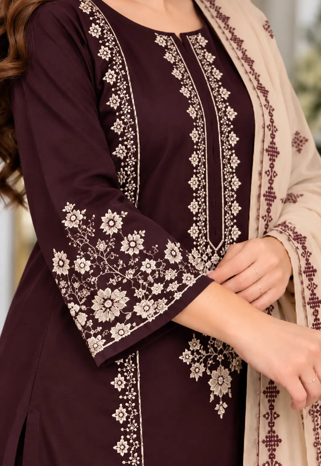 BATIK - Dhanak-3PC Embroidered Shirt with Digital Printed Shawl - 1413