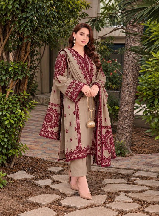 ANEELAS -3PC Embroidered Shirt with Digital Printed Shawl - 1001