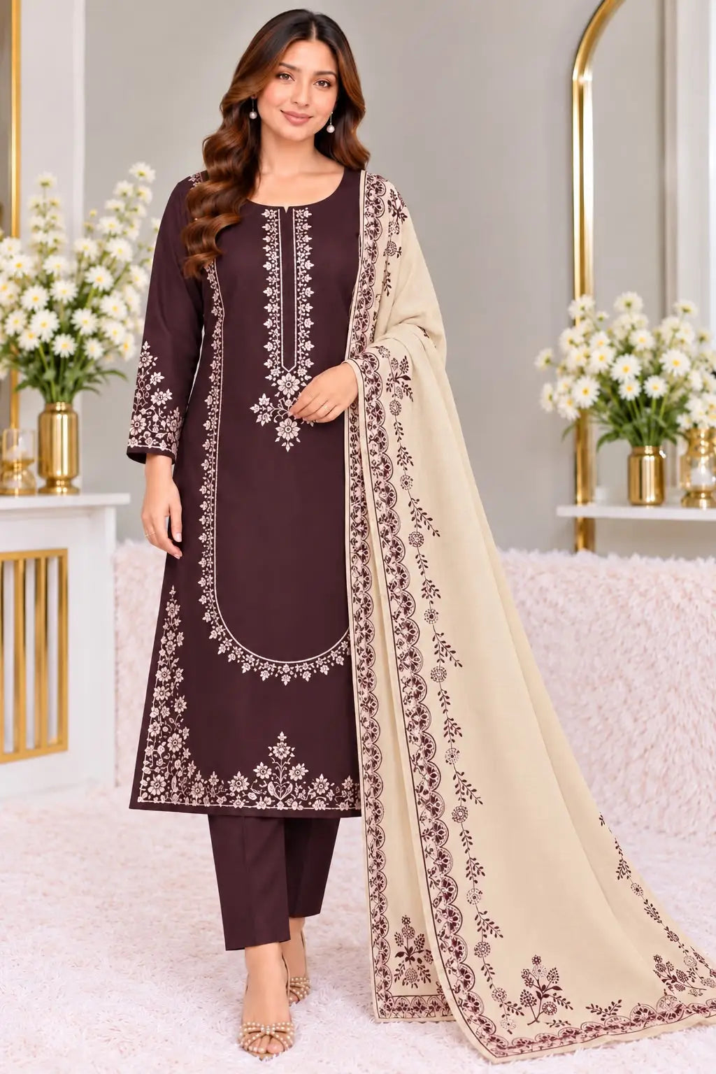 BATIK - Dhanak-3PC Embroidered Shirt with Digital Printed Shawl - 1413