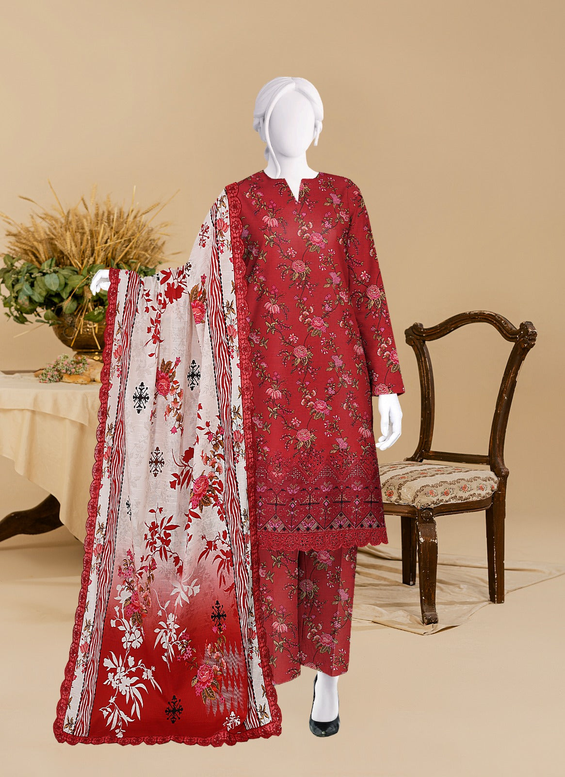 Baroque Khaddar Boring Daman 4 side lace Dupatta BR9110