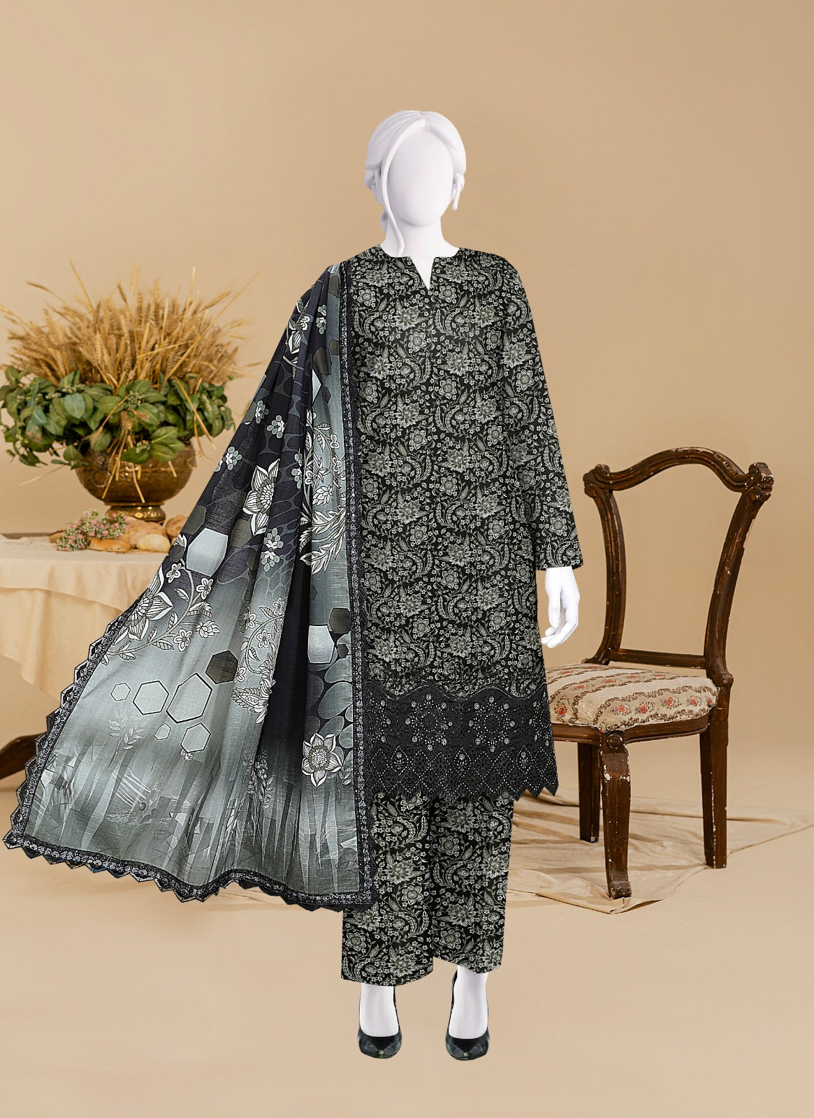 Baroque Khaddar Boring Daman 4 side lace Dupatta BR9109