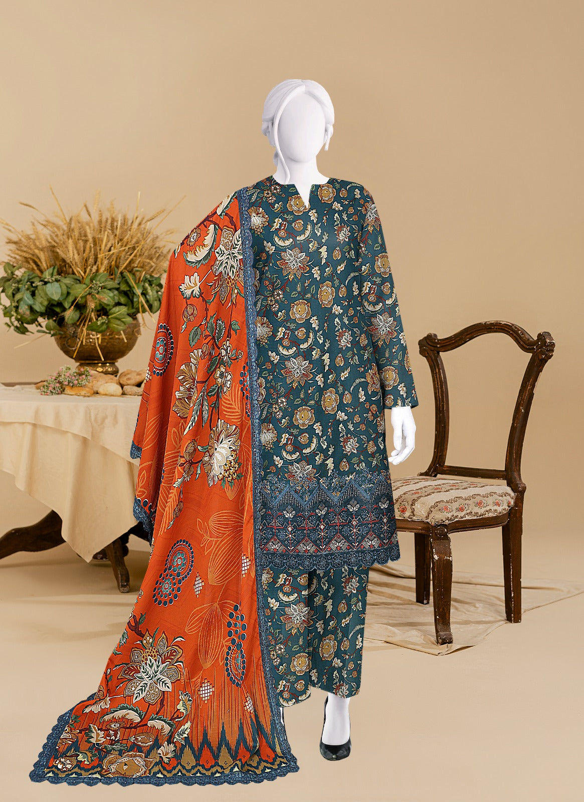 Baroque Khaddar Boring Daman 4 side lace Dupatta BR9108