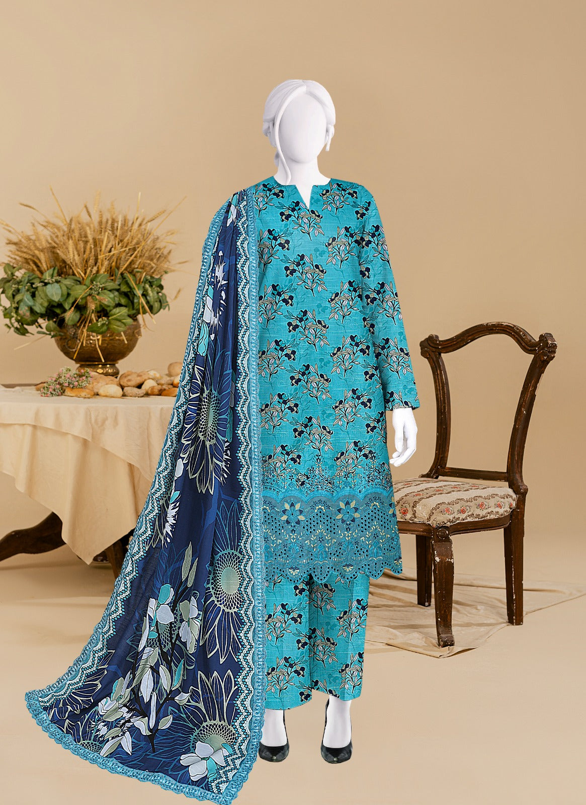 Baroque Khaddar Boring Daman 4 side lace Dupatta BR9107