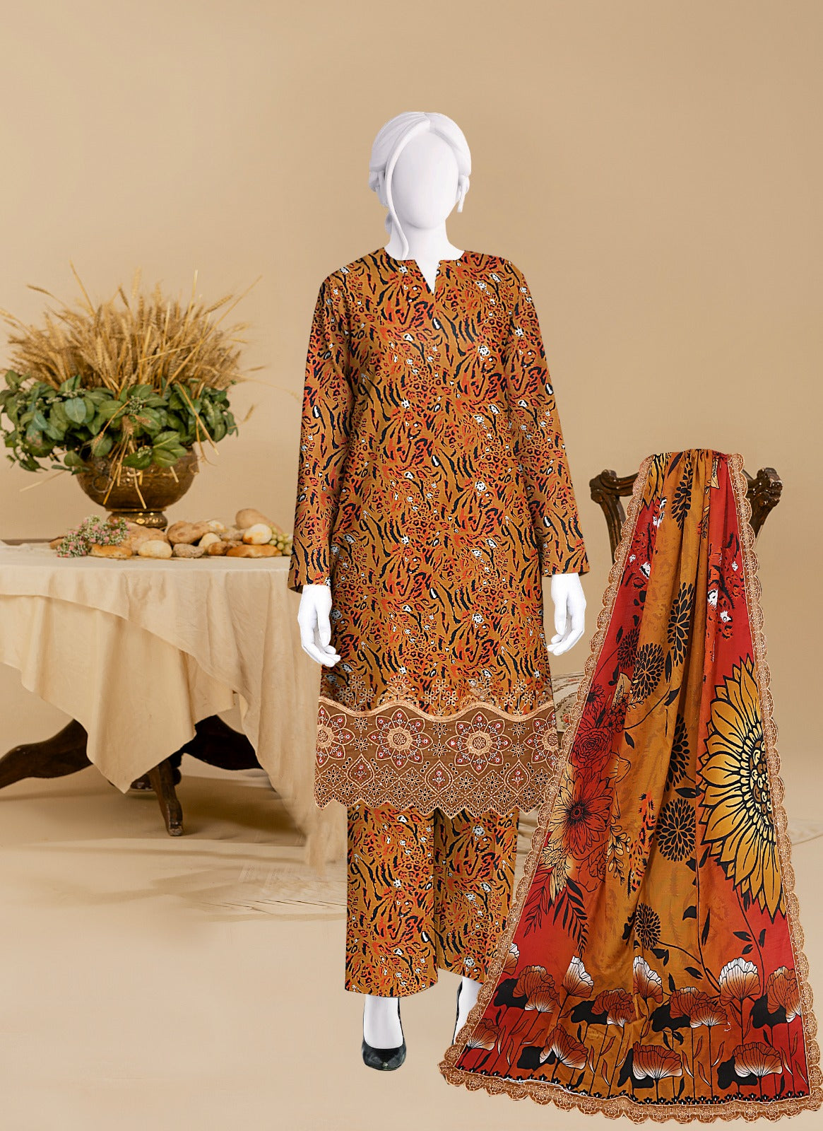 Baroque Khaddar Boring Daman 4 side lace Dupatta BR9106