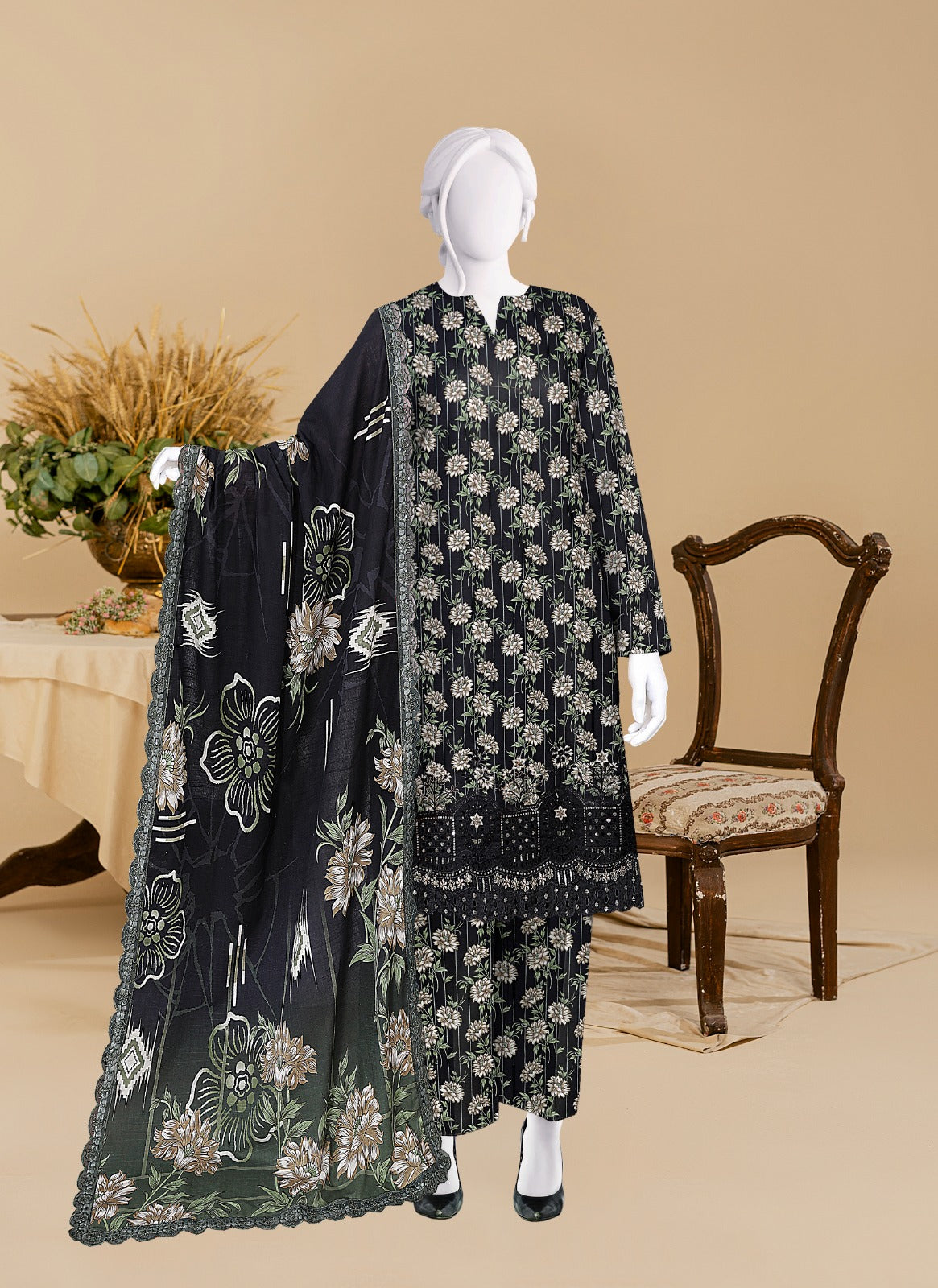 Baroque Khaddar Boring Daman 4 side lace Dupatta BR9105