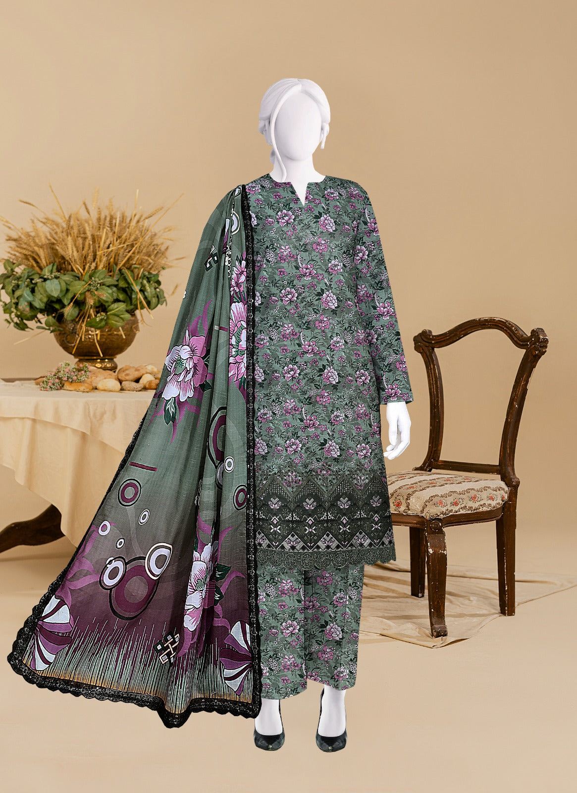 Baroque Khaddar Boring Daman 4 side lace Dupatta BR9104