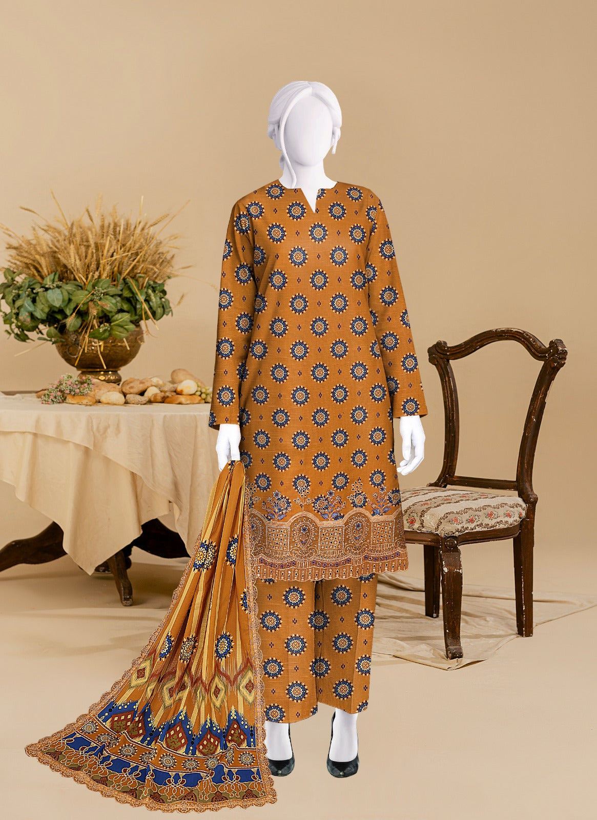 Baroque Khaddar Boring Daman 4 side lace Dupatta BR9103