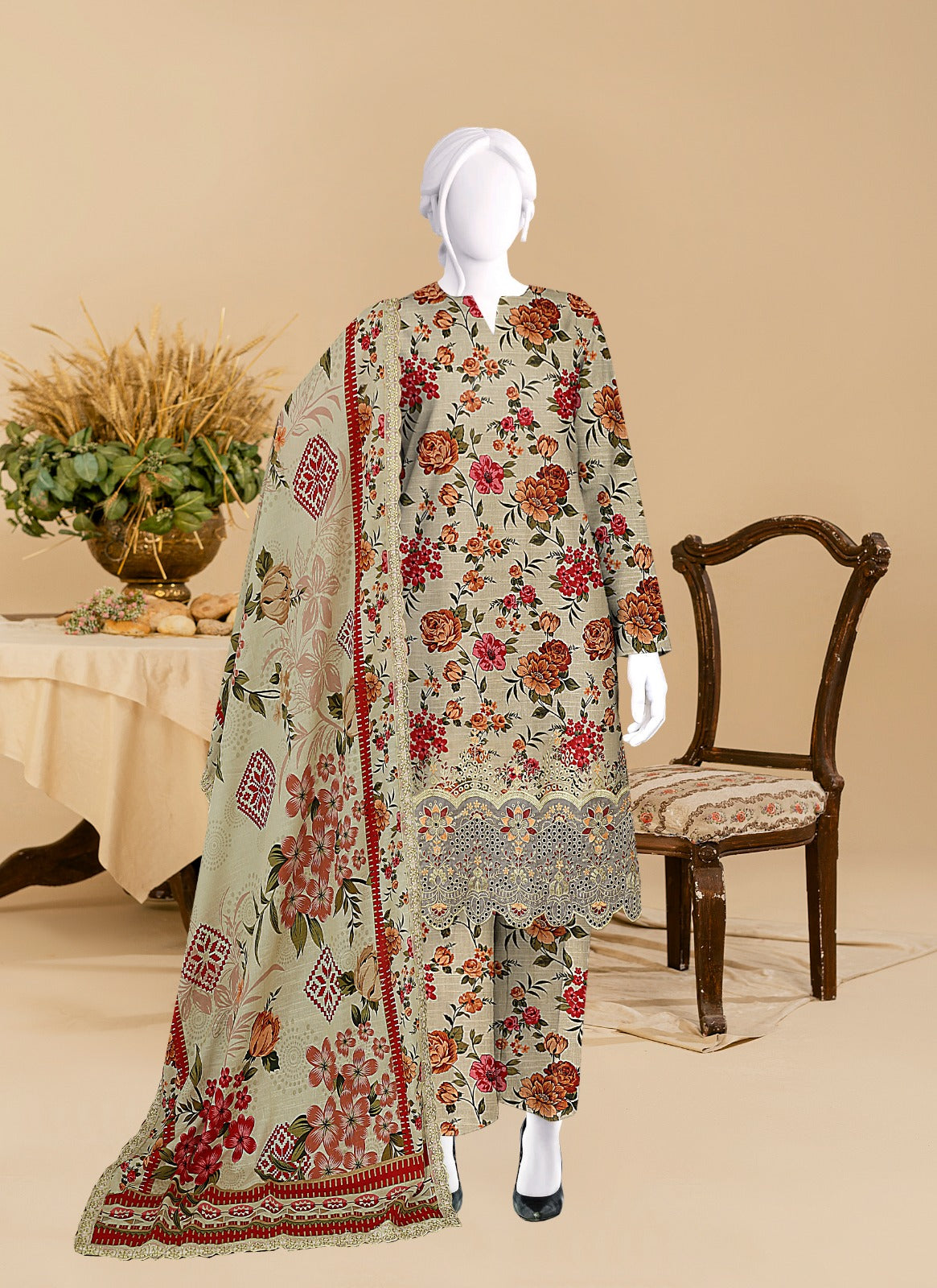 Baroque Khaddar Boring Daman 4 side lace Dupatta BR9102