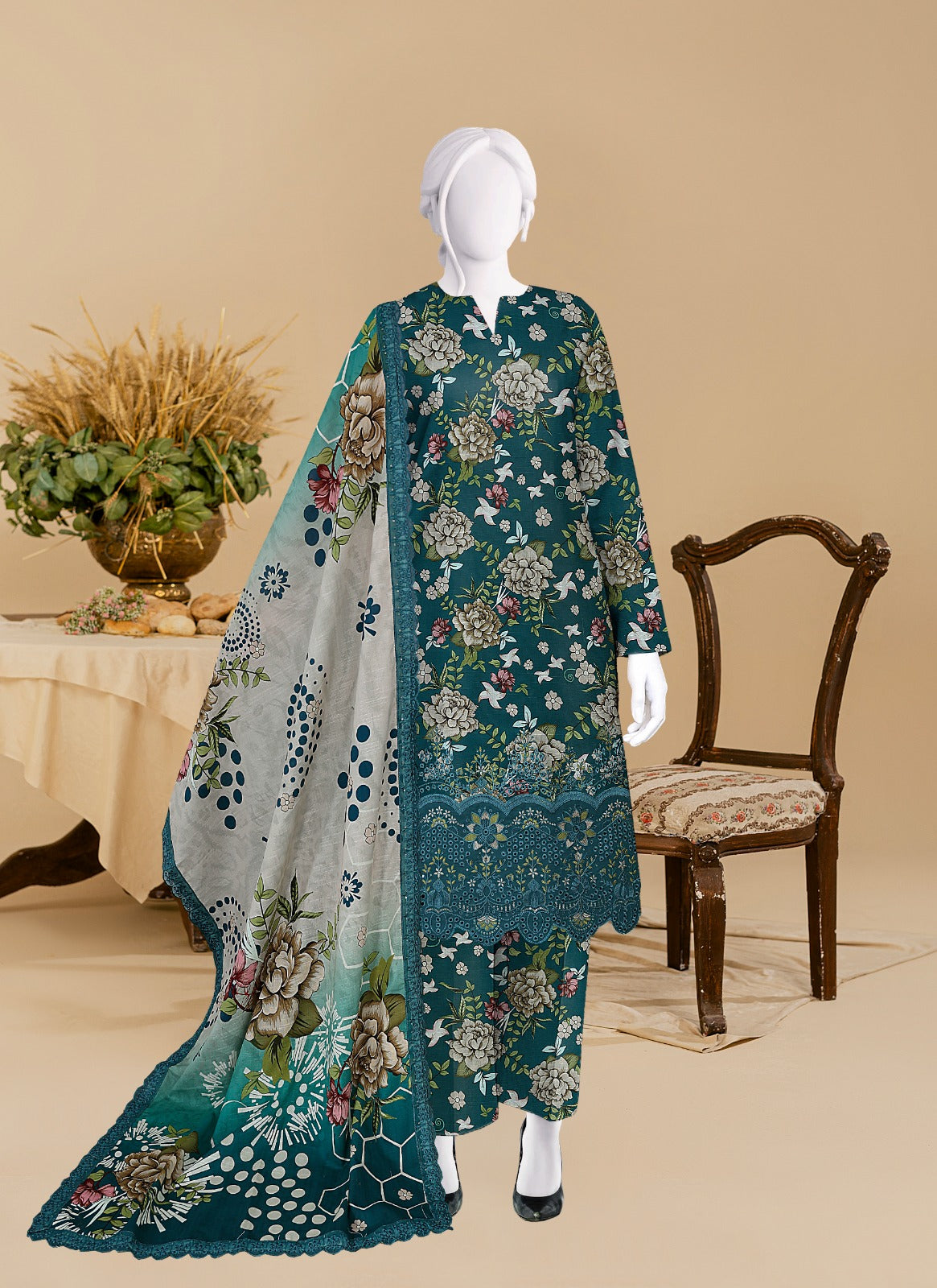 Baroque Khaddar Boring Daman 4 side lace Dupatta BR9101