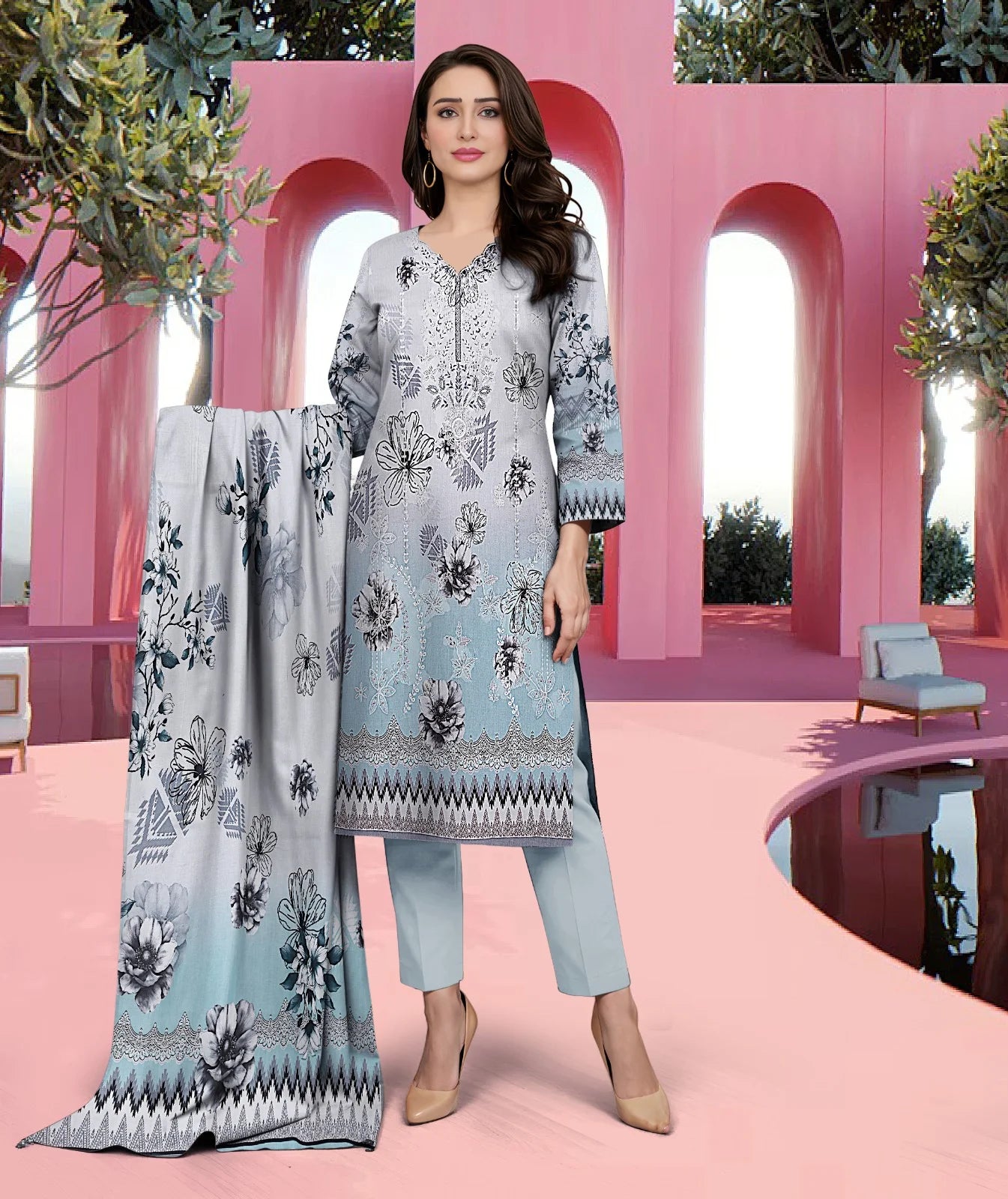 Gul Ahmed 3PC Digital Printed Embroidered