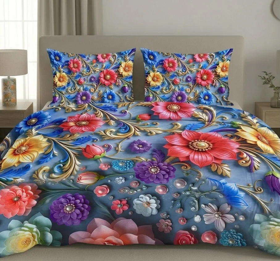 BEDIOR 3D Digital Printed King Size Crystal Cotton Bed Sheet Set (3 Pcs)