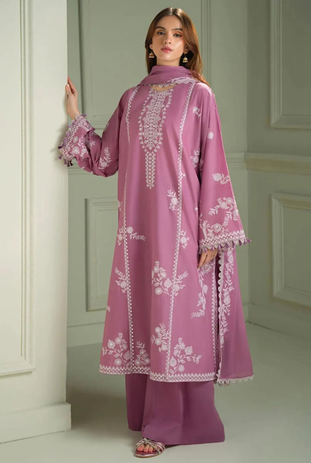 Dhanak-3PC Embroidered Shirt with Digital Printed Shawl - 1076