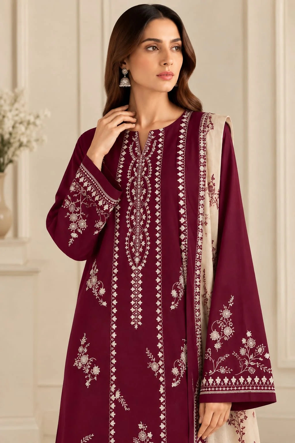 Dhanak-3PC Embroidered Shirt with Digital Printed Shawl - 1075