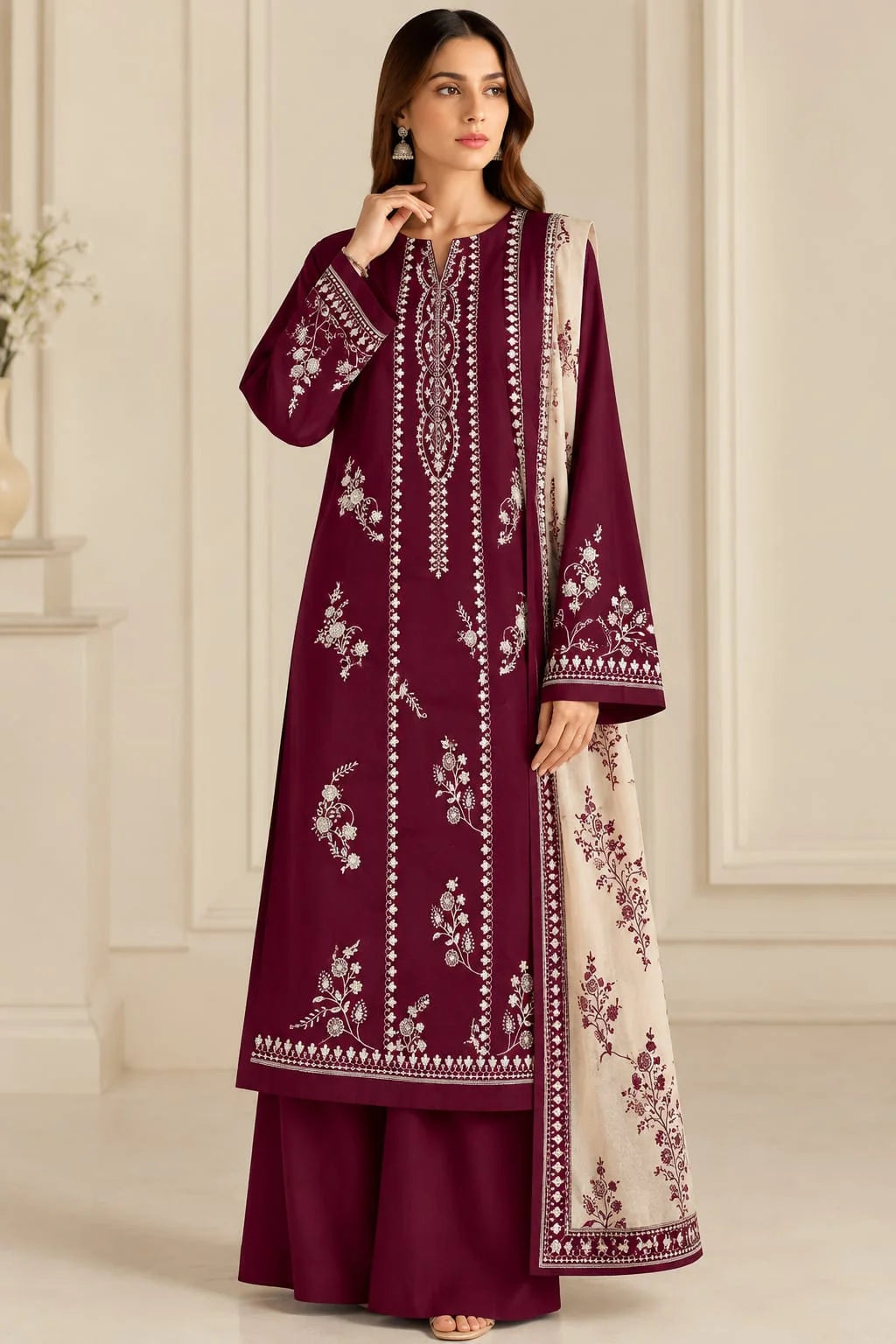 Dhanak-3PC Embroidered Shirt with Digital Printed Shawl - 1075
