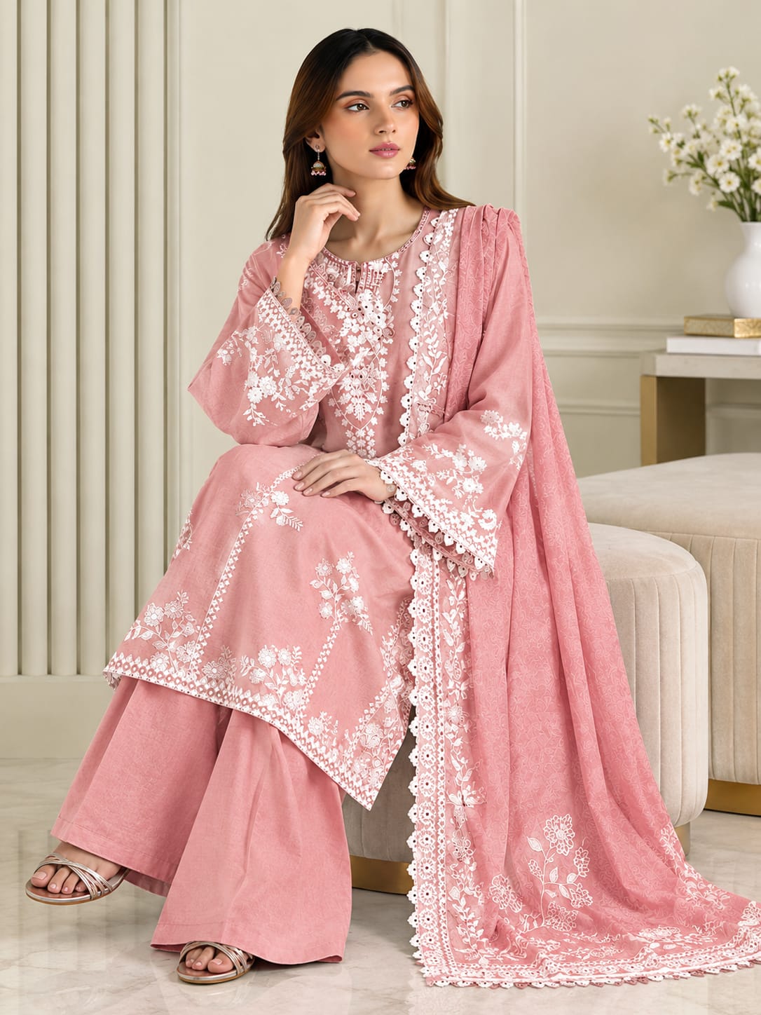 Dhanak-3PC Embroidered Shirt with Digital Printed Shawl - 1074