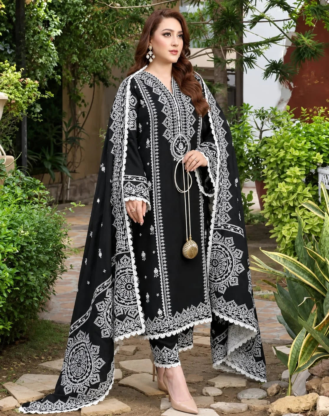 Dhanak-3PC Embroidered Shirt with Digital Printed Shawl - 1001