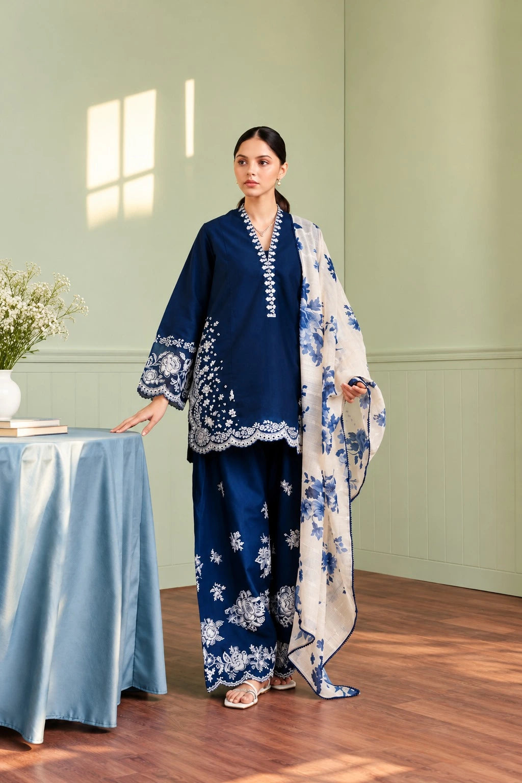 COCO - Dhanak-3PC Embroidered Shirt with Digital Printed Shawl - 1111