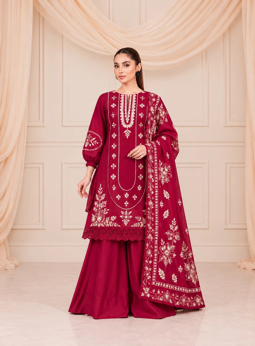 SO KAMAL-3PC Embroidered Shirt with Digital Printed Shawl - 1300