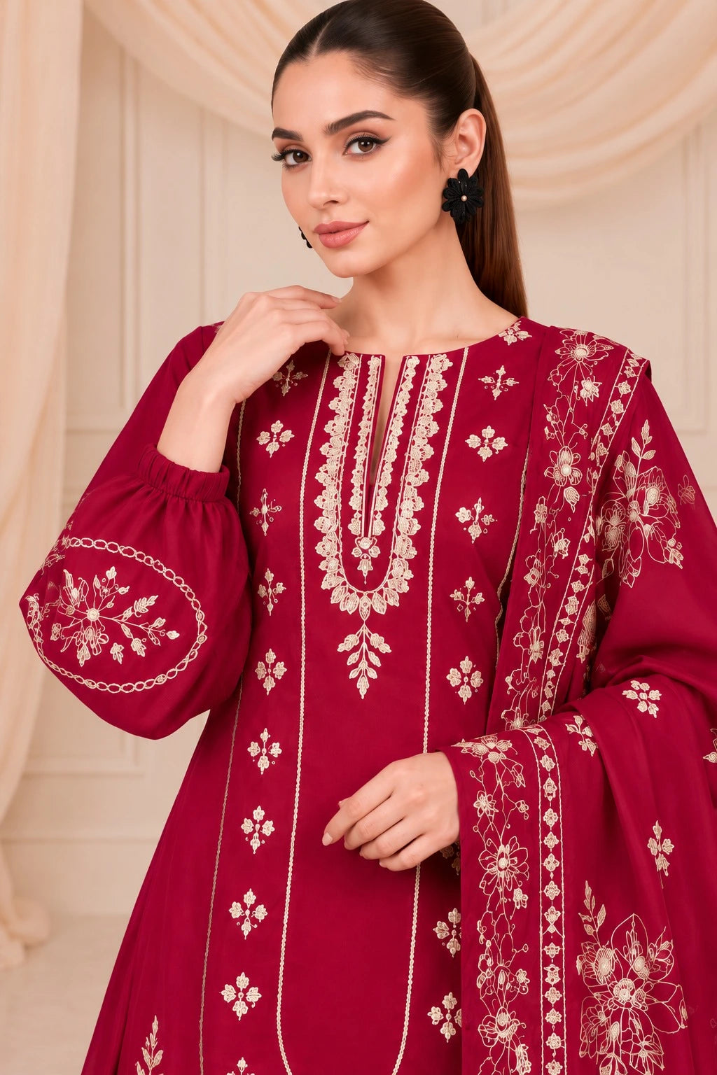 SO KAMAL-3PC Embroidered Shirt with Digital Printed Shawl - 1300