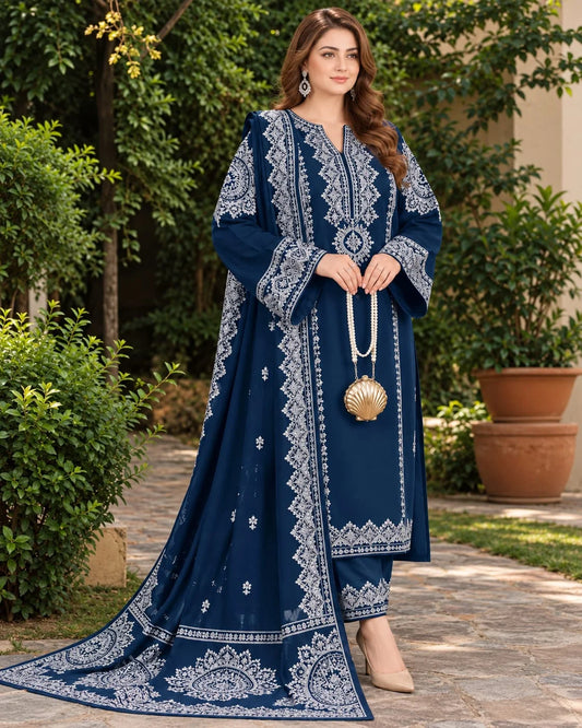 ANEELAS - Dhanak-3PC Embroidered Shirt with Digital Printed Shawl - 1235