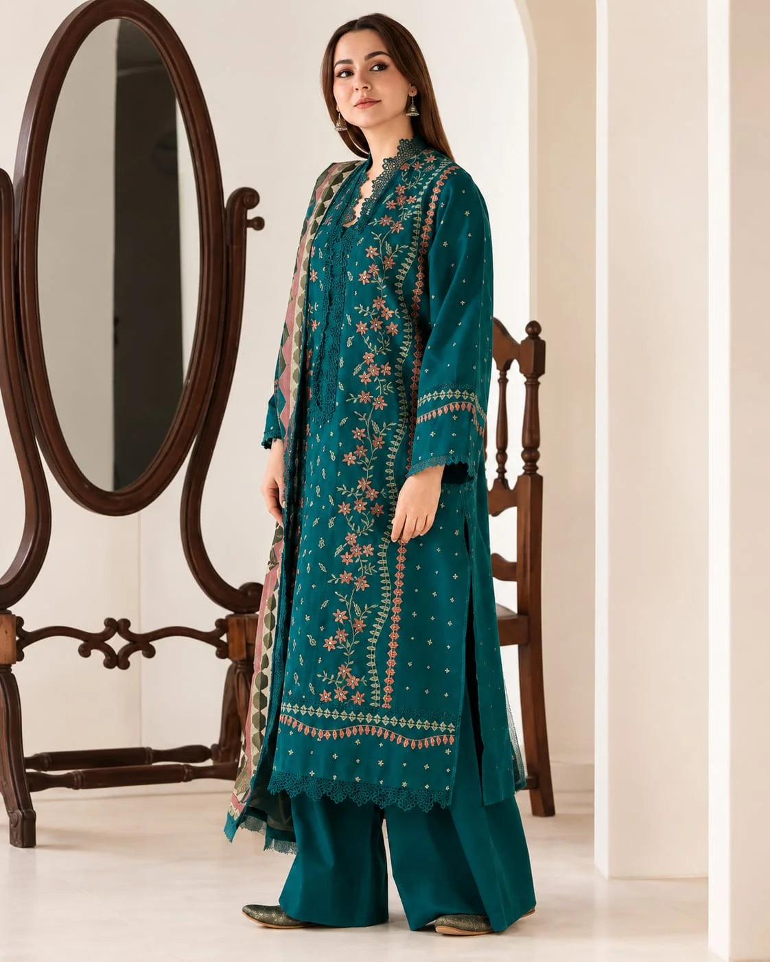 ZARA SHAH JAHAN - Dhanak-3PC Embroidered Shirt with Digital Printed Shawl - 1210
